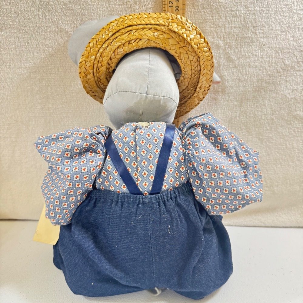 VTG Karen's Barnyard Critters Folk Art Bunny Rabbit Doll Straw Hat Denim Overall - Picture 5 of 7